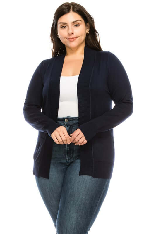 Face the Day Open Front Cardigan in Navy - Curvy