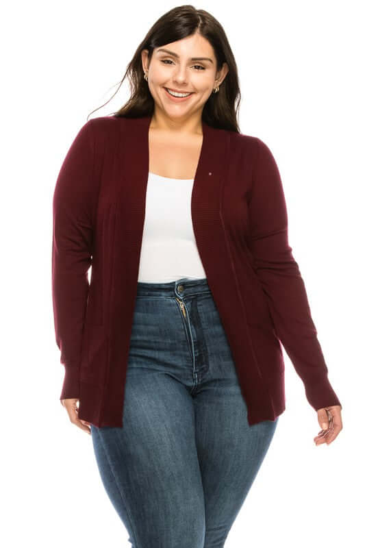 Face the Day Open Front Cardigan in Burgundy - Curvy