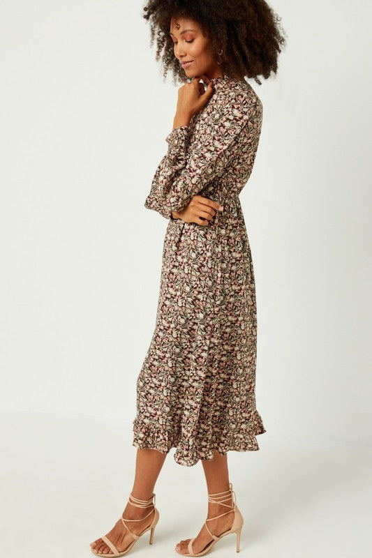 Abigail Floral Smocked Detail Dress in Brown