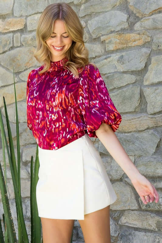 THML: Breanne Puff Sleeve Abstract Print Blouse in Burgundy