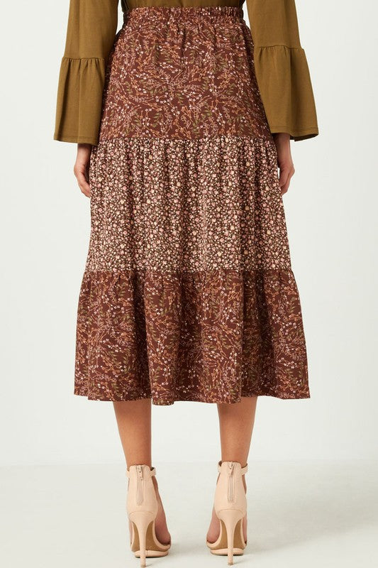 Rebekah Floral Tiered Midi Skirt in Brown