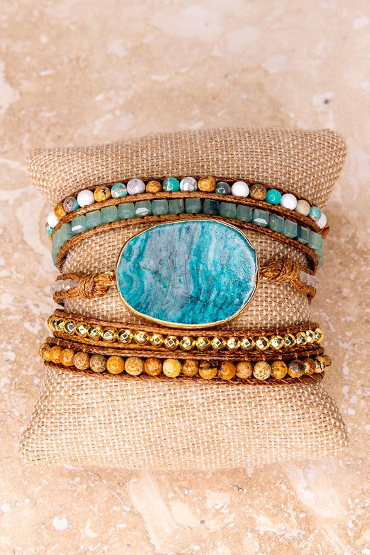 Kelly Turquoise Natural Stone, Beads and Leather Adjustable Wrap Bracelet
