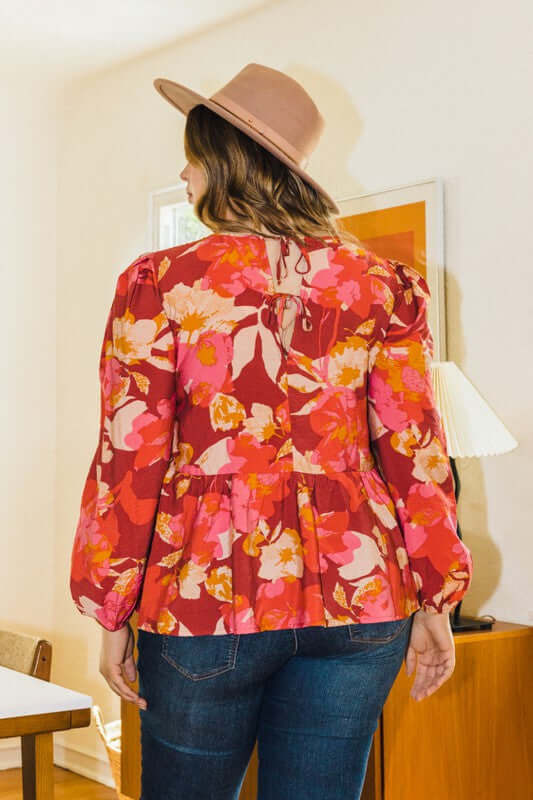 Kourtney Floral Peplum Top in Brick Multi - Curvy