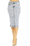 Blair classic 5-pocket stretch denim skirt in sand blast blue, calf length, stylish and comfortable design.