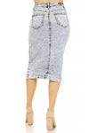 Blair classic 5-pocket stretch denim skirt in sand blast blue, calf length, stylish and comfortable design.