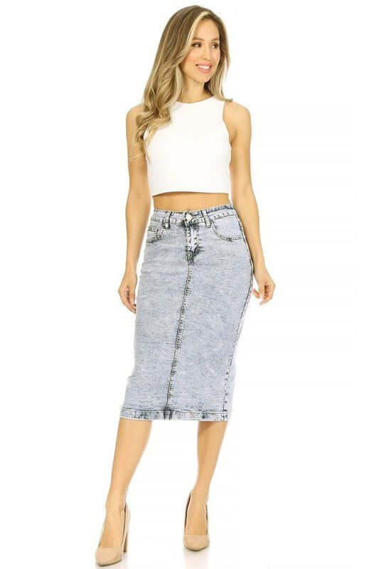 Blair classic 5-pocket stretch denim skirt in sand blast blue, calf length, stylish and comfortable design.