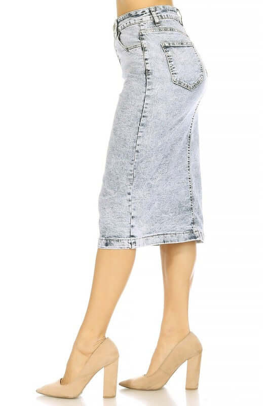 Blair classic 5-pocket stretch denim skirt in sand blast blue, calf length, stylish and comfortable design.
