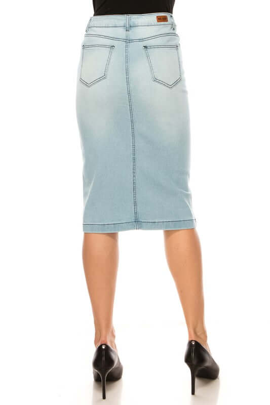 Lena Classic 5-Pocket Stretch Denim Skirt in Light Indigo Wash, calf-length, fitted design, stylish and comfortable.