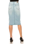 Lena Classic 5-Pocket Stretch Denim Skirt in Light Indigo Wash, calf-length, fitted design, stylish and comfortable.