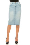 Lena Classic 5-Pocket Stretch Denim Skirt in Light Indigo Wash, calf-length, fitted design, stylish and comfortable.