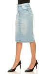 Lena Classic 5-Pocket Stretch Denim Skirt in Light Indigo Wash, calf-length, fitted design, stylish and comfortable.