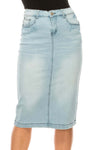 Lena Classic 5-Pocket Stretch Denim Skirt in Light Indigo Wash, calf-length, fitted design, stylish and comfortable.