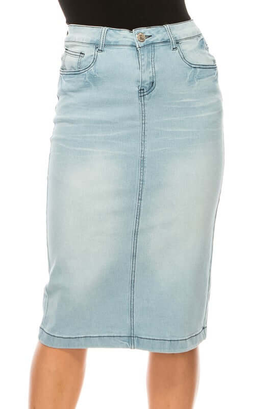 Lena Classic 5-Pocket Stretch Denim Skirt in Light Indigo Wash, calf-length, fitted design, stylish and comfortable.