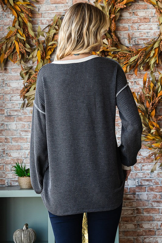 The Day Awaits Ribbed Henley Top in Charcoal - Curvy