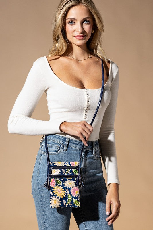 Camille Hand-Painted Genuine Leather Cellphone Bag in Dark Blue