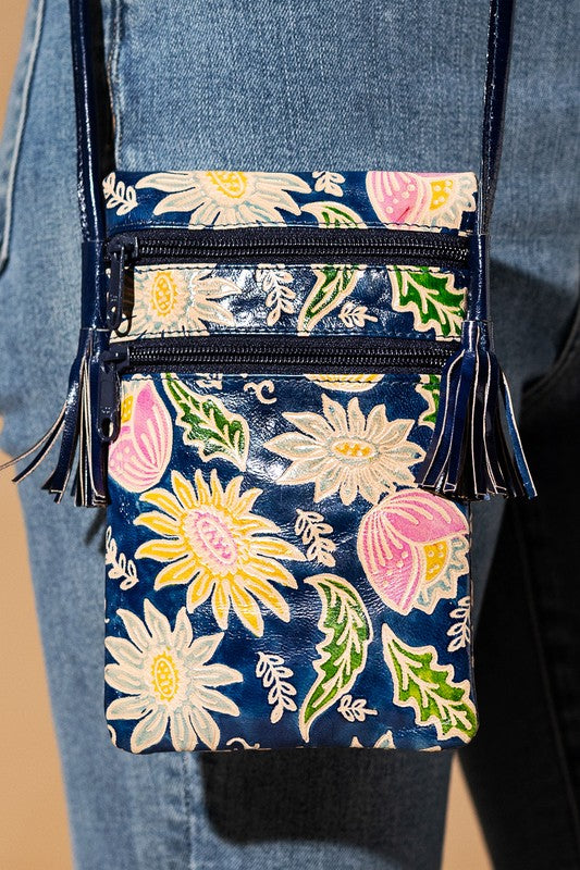 Camille Hand-Painted Genuine Leather Cellphone Bag in Dark Blue