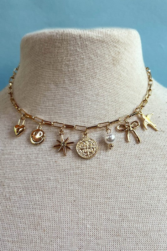 Charming 16" Gold Paper Clip Charm Necklace