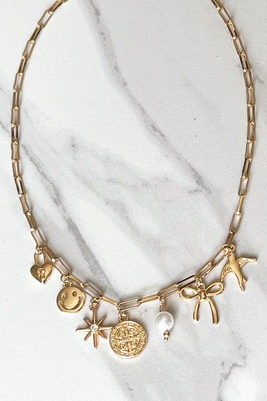 Charming 16" Gold Paper Clip Charm Necklace