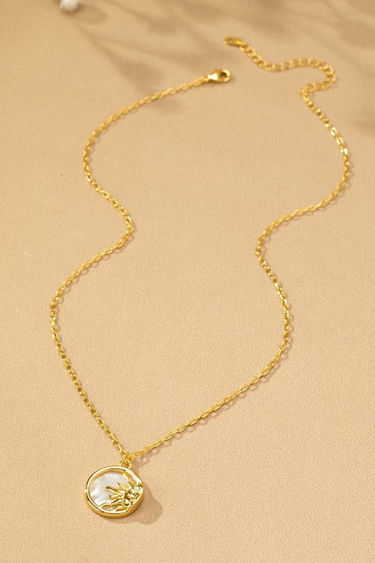 El Sol Gold Plated Sun Charm with Mother of Pearl Backing 16" Chain Necklace