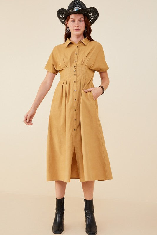 Dakota Button Front Corduroy Dress in Camel