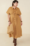 Dakota Button Front Corduroy Midi Dress in Camel - Curvy
