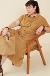 Dakota Button Front Corduroy Midi Dress in Camel - Curvy