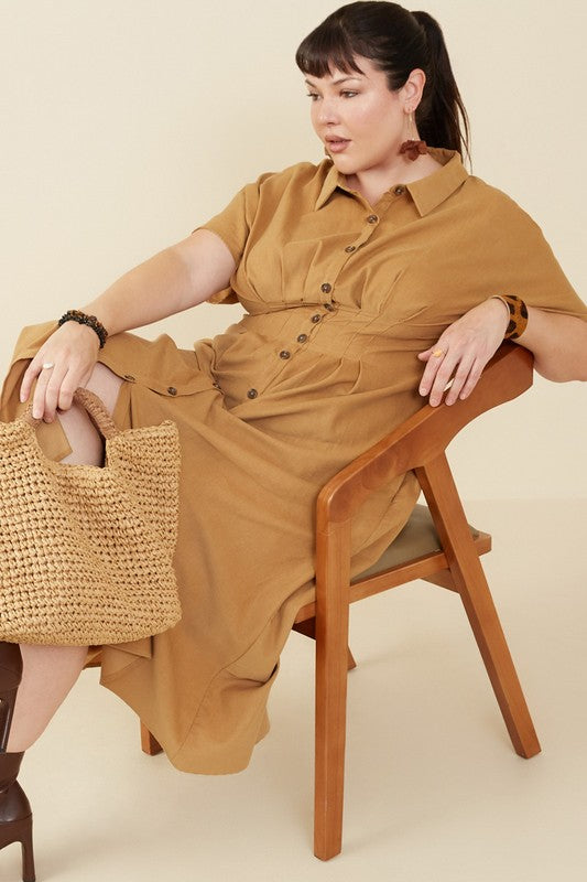 Dakota Button Front Corduroy Midi Dress in Camel - Curvy