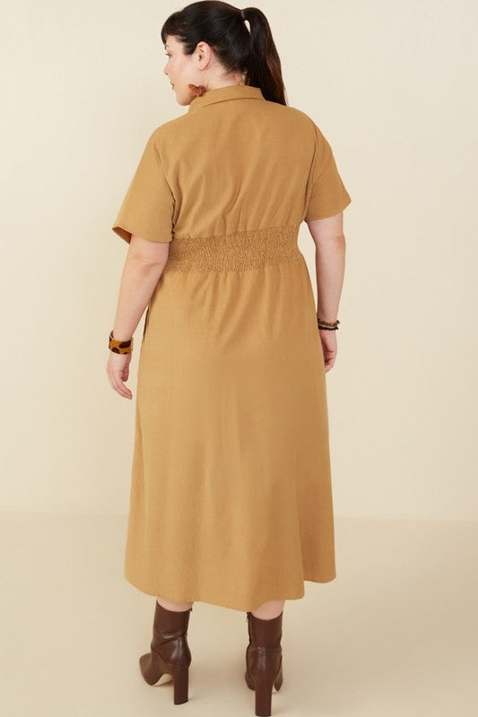 Dakota Button Front Corduroy Midi Dress in Camel - Curvy