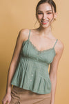 Summer Dreams Lace Trim Linen Top in Sage Green