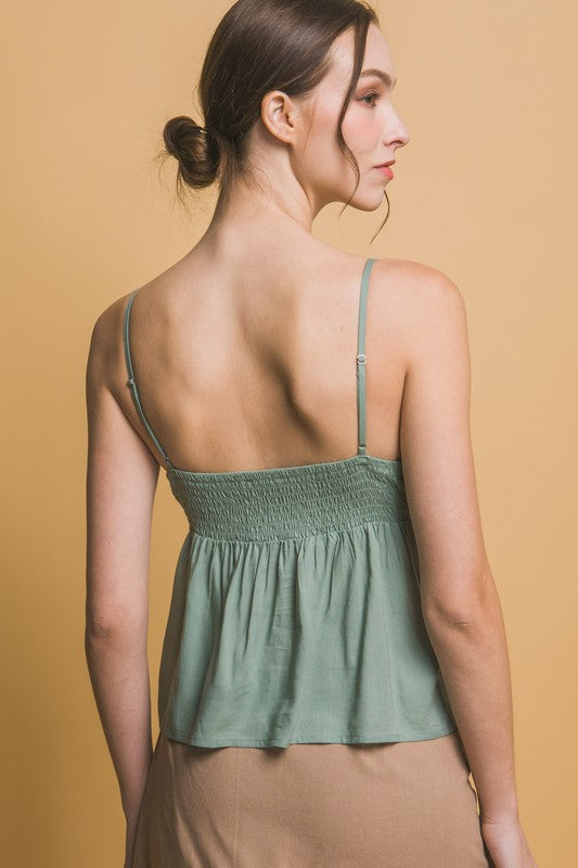 Summer Dreams Lace Trim Linen Top in Sage Green