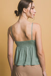 Summer Dreams Lace Trim Linen Top in Sage Green
