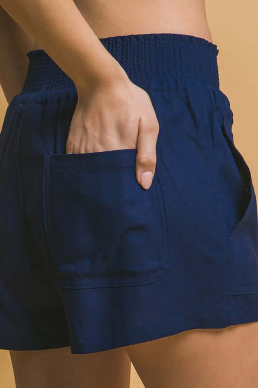 Amanda Linen Smocked Waist Shorts in Navy