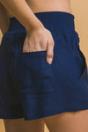 Amanda Linen Smocked Waist Shorts in Navy