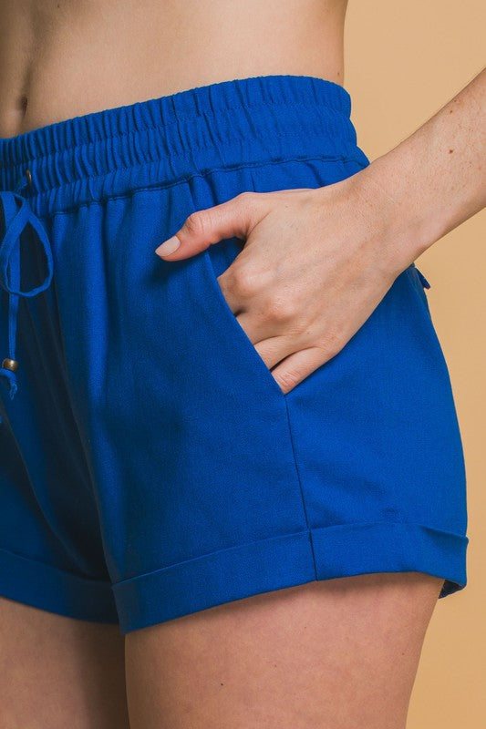 Claudia Linen Drawstring Shorts in Cobalt Blue