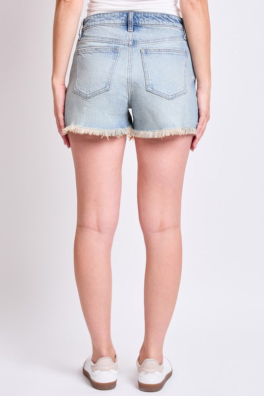Taylor High Rise Fray Hem Shorts in Light Medium Wash