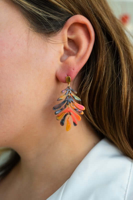 Acrylic Palm Leaf Earrings in Bird of Paradise
