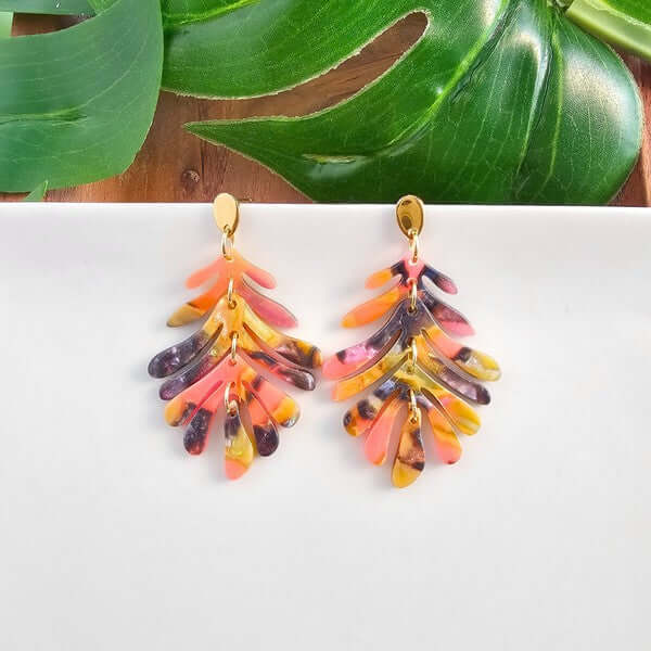 Acrylic Palm Leaf Earrings in Bird of Paradise