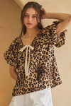 Coco Leopard Print Puff Sleeve Top with Lace Tie in Brown