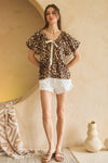 Coco Leopard Print Puff Sleeve Blouse with Lace Tie in Brown - Curvy