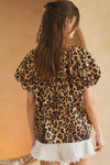 Coco Leopard Print Puff Sleeve Blouse with Lace Tie in Brown - Curvy