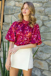 THML: Breanne Puff Sleeve Abstract Print Blouse in Burgundy