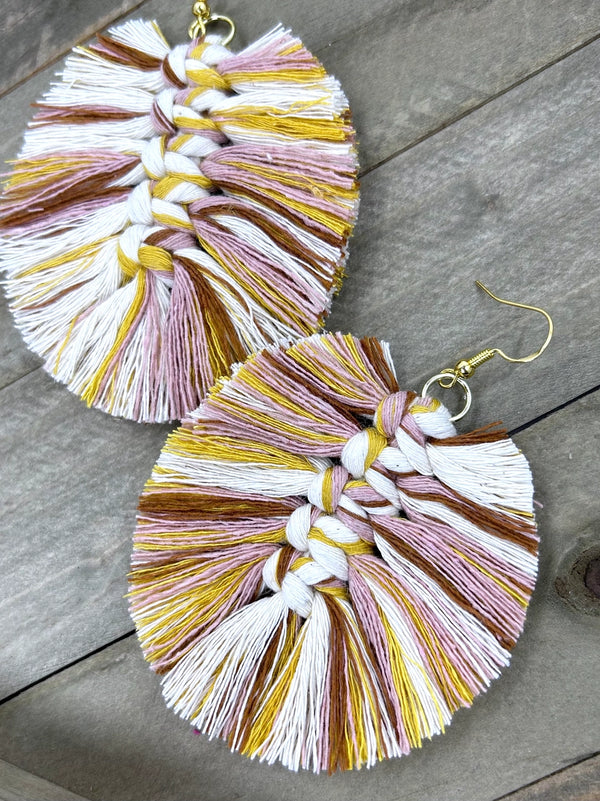 Fringy Feather Macrame Earrings in Mustard Mix and Gold