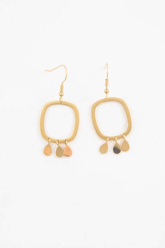 Elegant 14K gold-plated earrings with rounded rectangles and teardrop charms for stylish day-to-night wear.