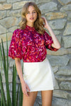 THML: Breanne Puff Sleeve Abstract Print Blouse in Burgundy