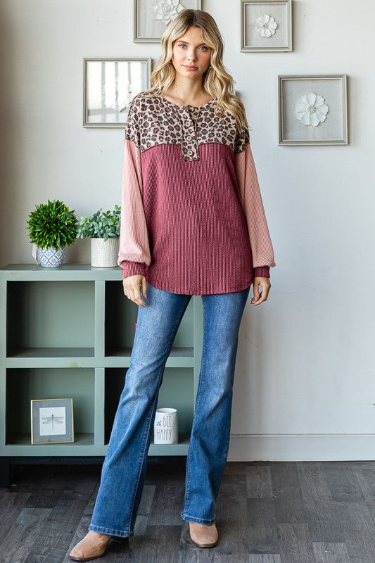 Big Dreams Leopard Ribbed Top in Burgundy