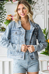 Rhinestone Cropped Denim Trucker Jacket in Medium Wash