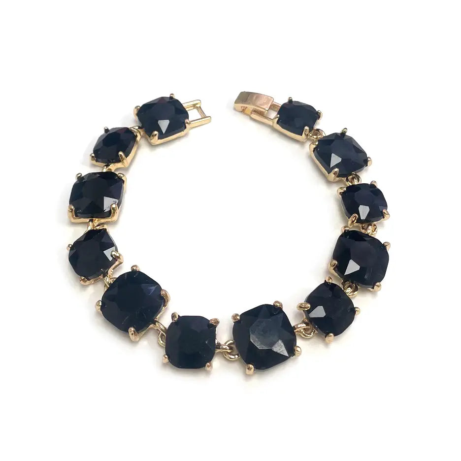 Broadway Square Cushion Cut Crystal Glass Linked Bracelet in Black