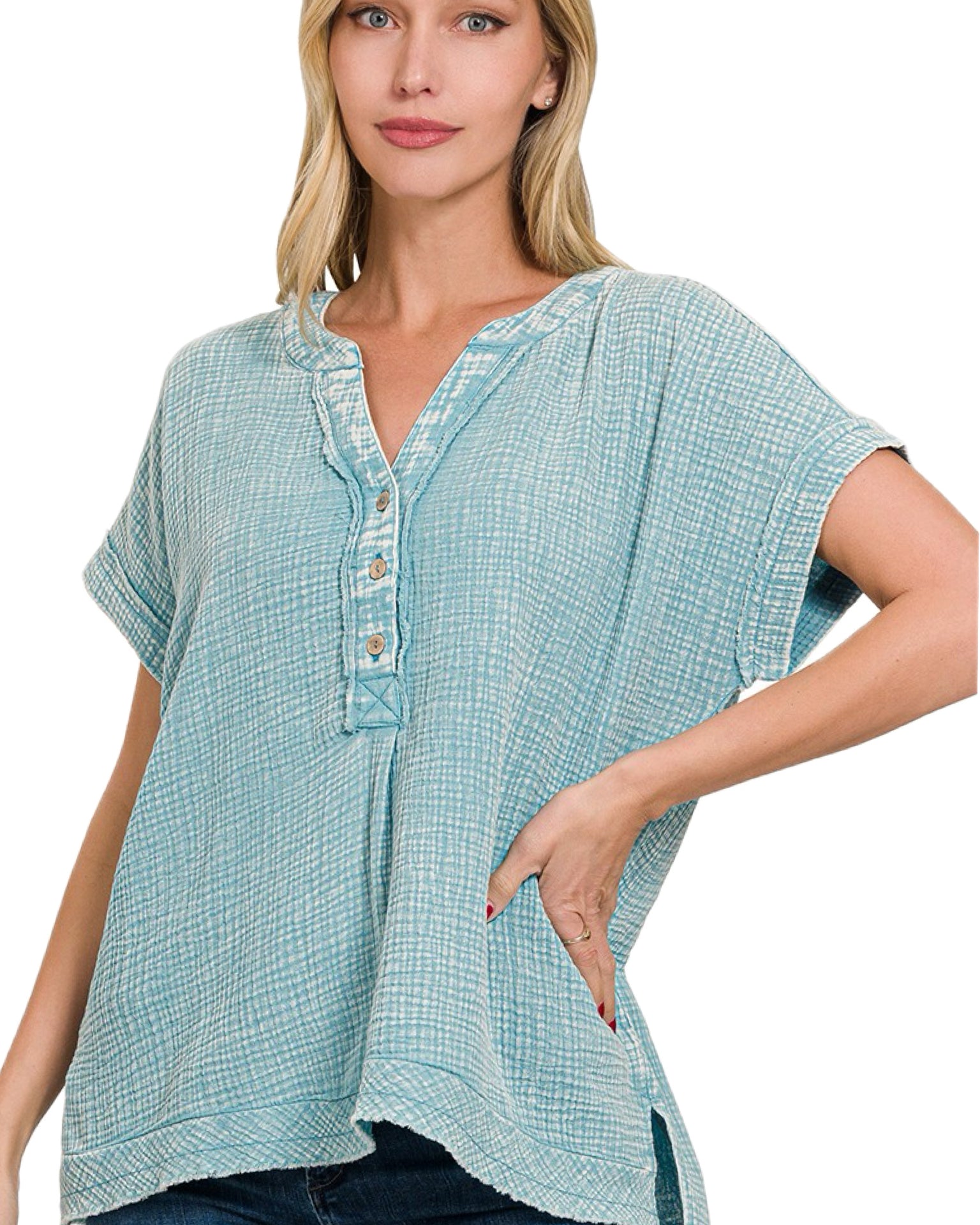 Easy Breezy Double Gauze Henley Top in Dusty Teal