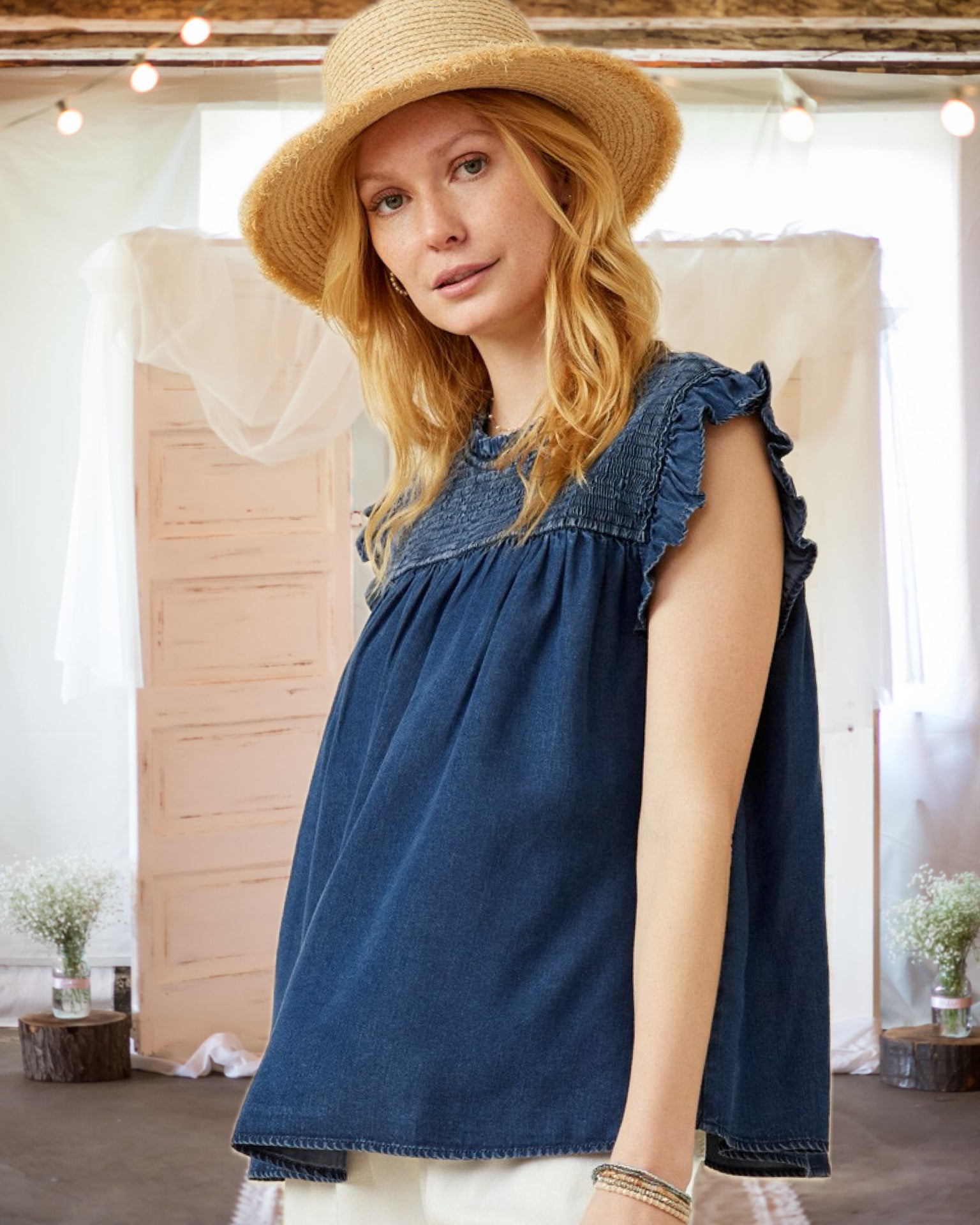 Let's Get Together Smocked Denim Top in Dark Denim