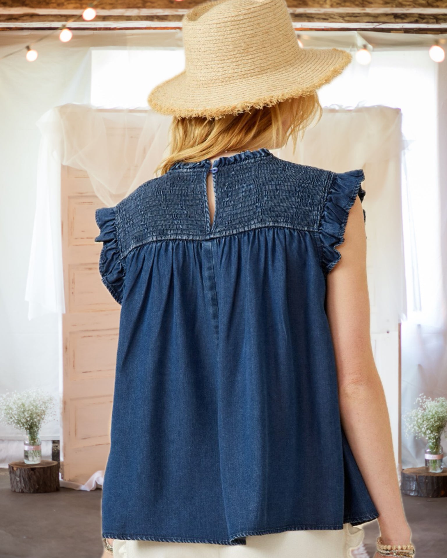 Let's Get Together Smocked Denim Top in Dark Denim